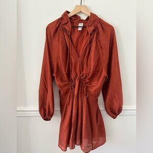 H&M Rust colored smocked rouched mini dress long sleeve